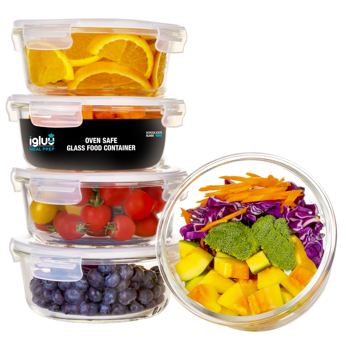 ROUND Glass Containers with steam vent lid - 5 Pack