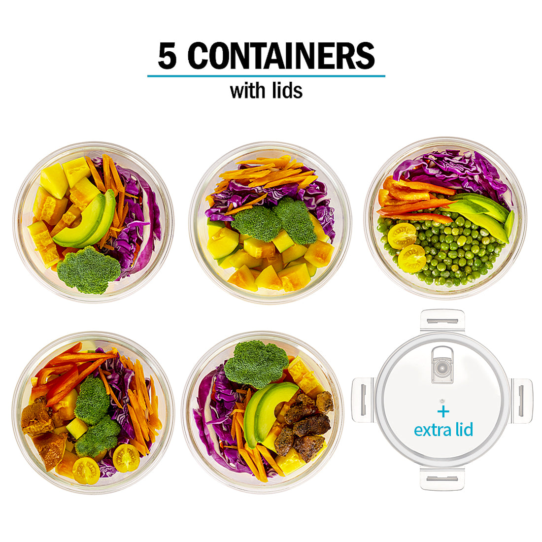 ROUND Glass Containers with steam vent lid - 5 Pack