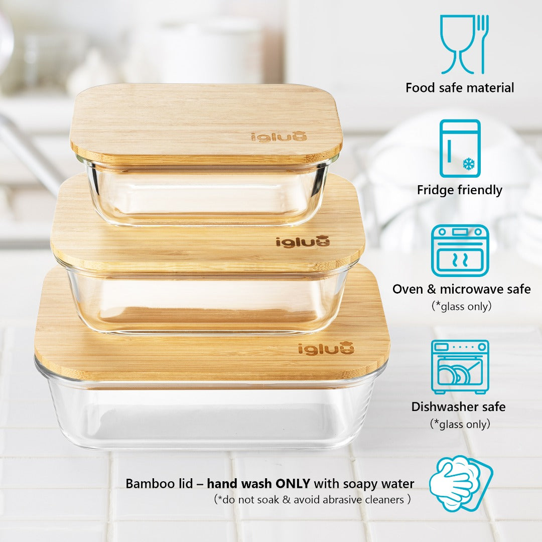 Glass Containers with Bamboo Lids - Assorted sizes - 3 PACK