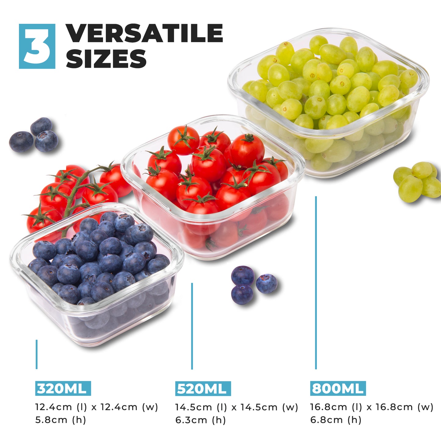 Glass Stackable Square Containers - 800ml 520ml & 320ml - 3 PACK