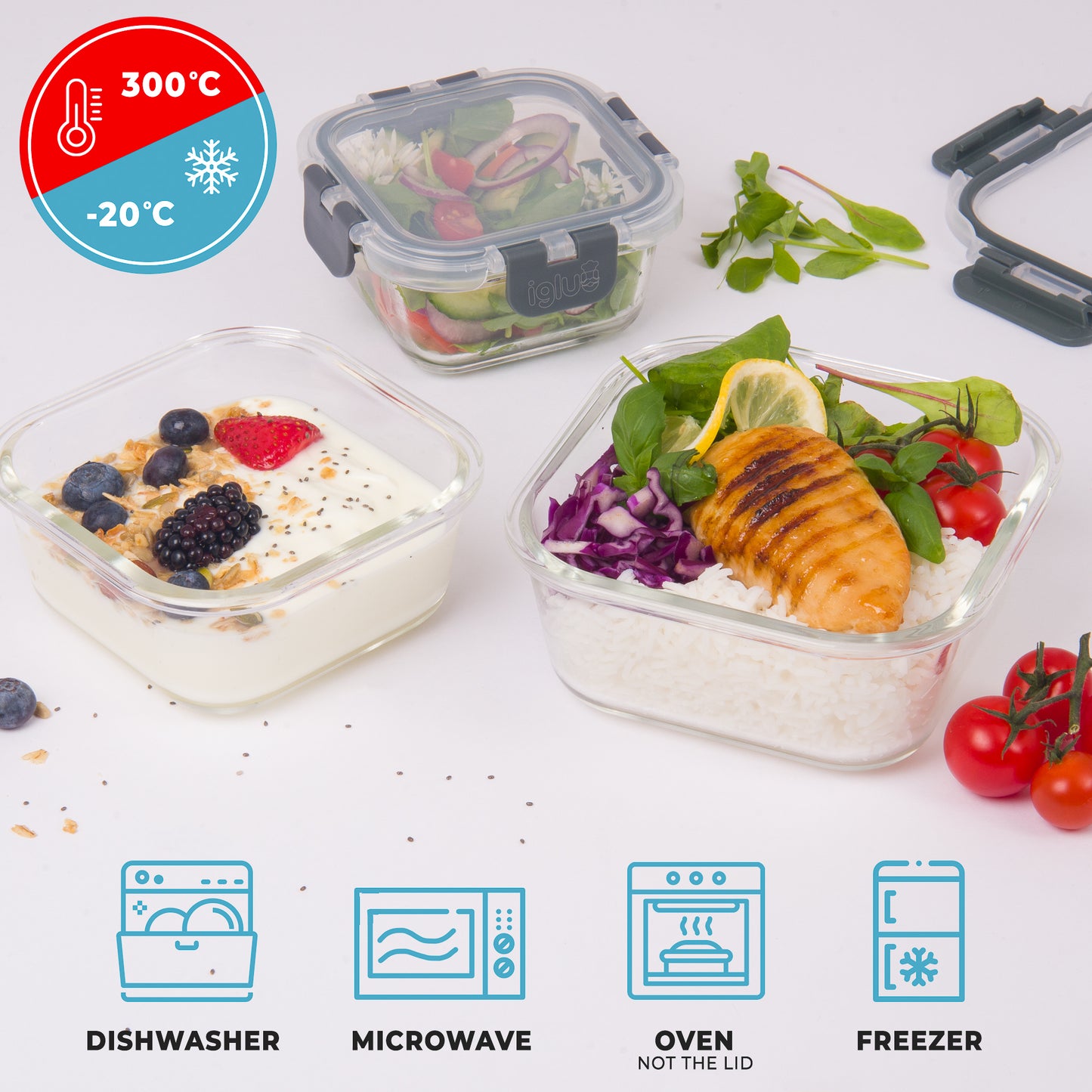 Glass Stackable Square Containers - 800ml 520ml & 320ml - 3 PACK